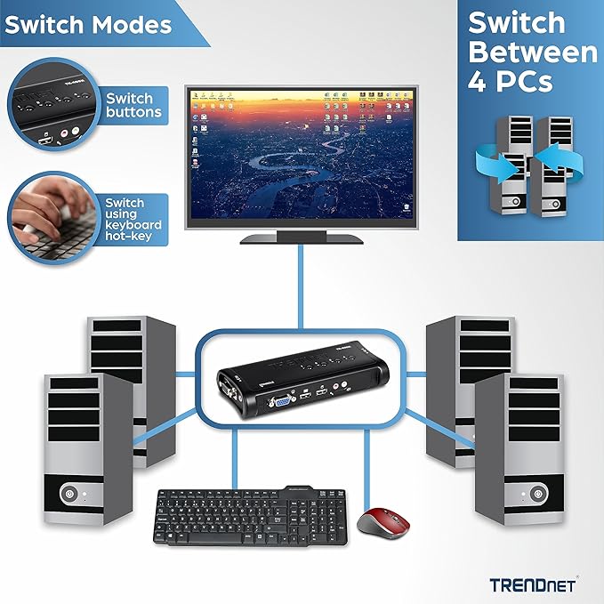 TRENDnet 4-Port USB KVM Switch, TK-407K, Control Up to 4 Computers, Windows, Linux, Mac OS Compliant, 2048 x 1536 VGA Resolution, NDAA & TAA Compliant, KVM Cables Included, Black