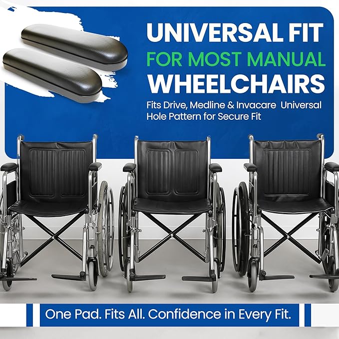 Healthline Padded Armrests for Wheelchair, Universal Arm Pads Replacement Black, 14’ Full Length (2)