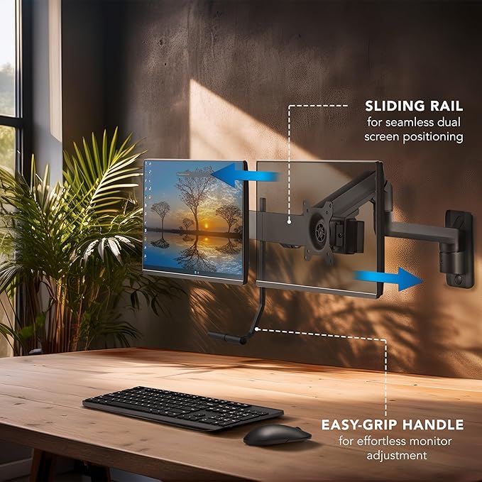 Mount-It! Proflex Dual Monitor Wall Mount, Gas Spring Arm with Crossbar, Fits 17–32″ Screens up to 19.8 lb Each, Height Adjustable Full Motion Tilt Swivel Rotate, VESA 75, 100 mm, Premium Setup