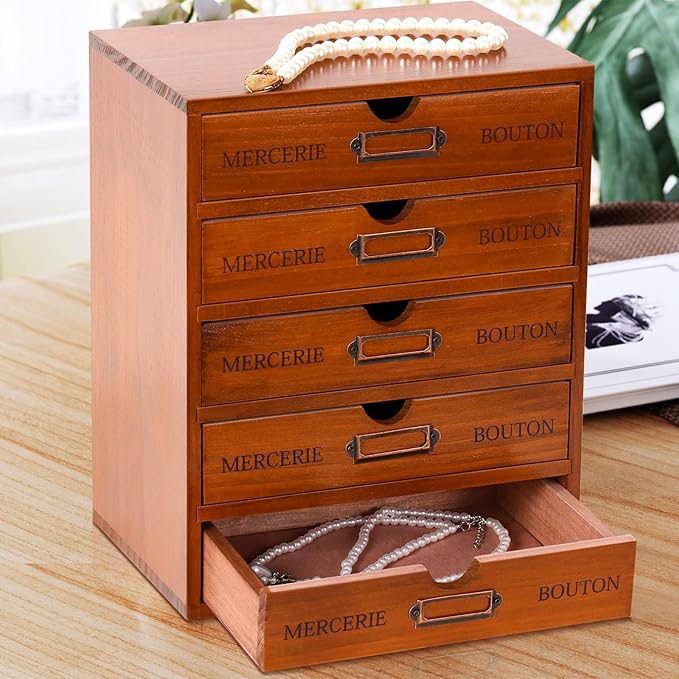 Wesiti 5 Drawer Vintage Wooden Desk Organizer, Apothecary Cabinet Storage Drawers, Rustic Shelf Drawer, Home Office Organizers and Accessories, Embroidery Floss, Craft, Art, Jewelry Storage, Stackable