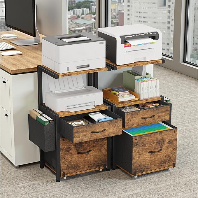 HIGDBFE Filing Cabinet with 2-Tier Printer Shelves, 2 Fabric Drawers File Cabinet with Side Bag&File Drawer for A4/Letter Size, Printer Stand with Storage for Home Office, Rustic Brown, 16.5" W
