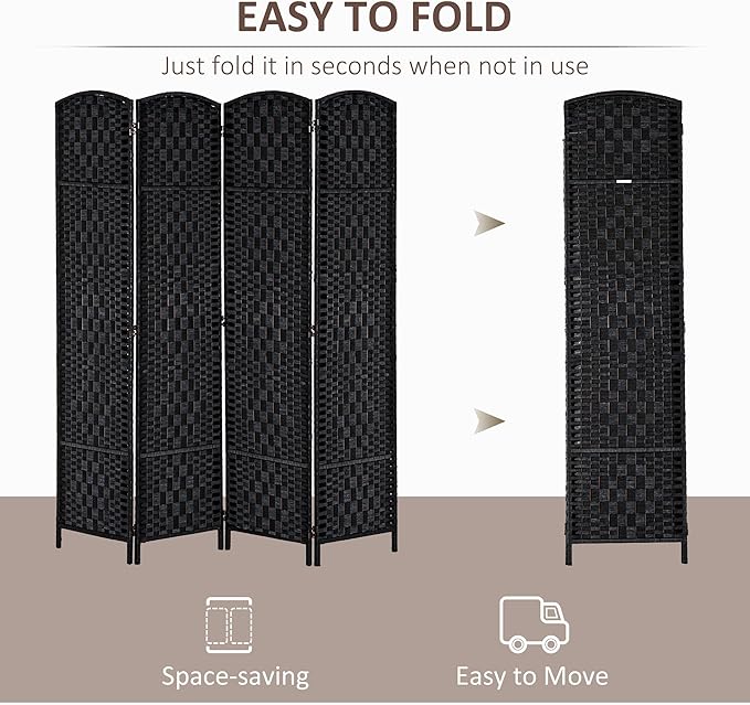 HOMCOM Room Divider 4 Panel, 6FT Tall Folding Privacy Screen, Freestanding Hand-Woven Partition for Room Separation with 360° Hinges, Paper Rope Diamond Weave, Black