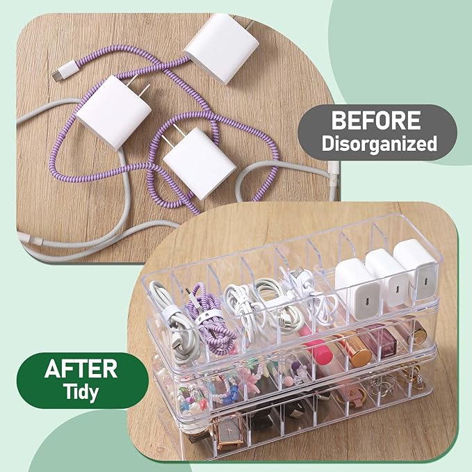 3 Pack Cable Organizer Storage Box with 30 Wire Ties and Sticker, Clear Cord Storage Organizers with Lid, Phone Charger Organizer Case Wire Organizers, Desktop Cable Management Box for Home Office
