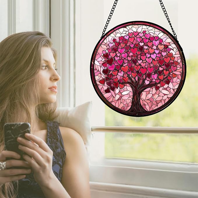 Stained Glass Window Hanging, Birthday Gifts for Women Mom Grandma Nana Wife Couple, Pink Love Tree Suncatcher for Doors Window Home Sun Catchers Gifts Decor 6.3 in