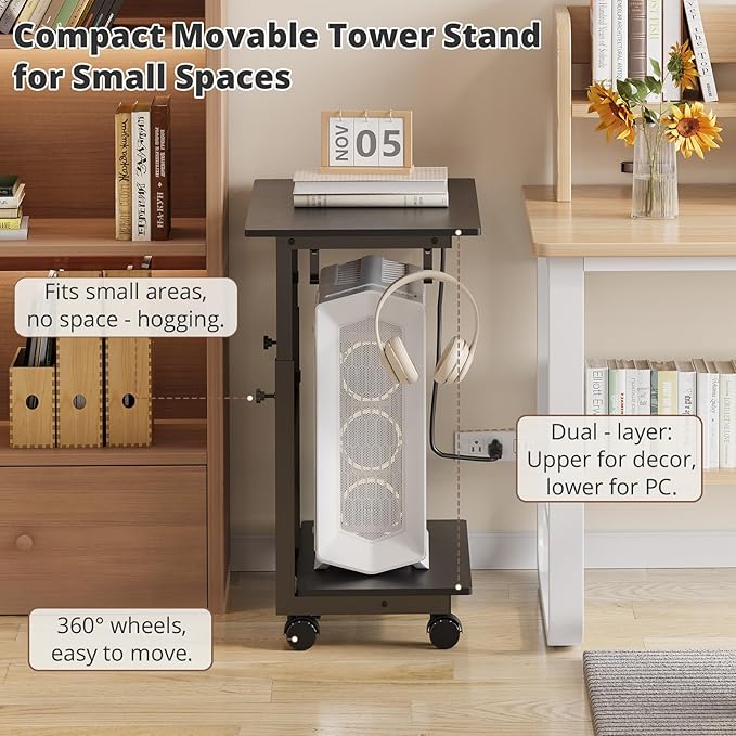 HavenlyYouth 2-Tier Computer Tower Stand with Power Outlet, Height Adjustable PC Tower Stand with Wheels, ATX-Case CPU Holder Cart with Hooks for Home, Office, Gaming (Black)
