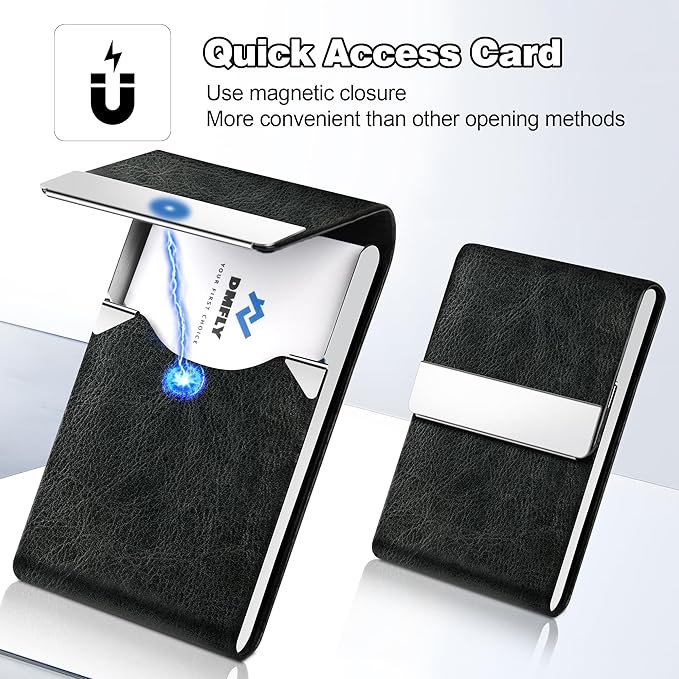 Business Card Holder for Women or Men, Business Card Case with PU Leather and Stainless Steel, Slim Metal Case with Magnetic Closure for Business Meeting Use