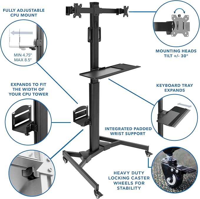 Mount-It! Dual Monitor Computer Cart – Mobile Standing Desk with Wheels, Rolling Workstation with Keyboard Tray, CPU Holder, and Adjustable Screen Mount for Office, Medical, or Warehouse
