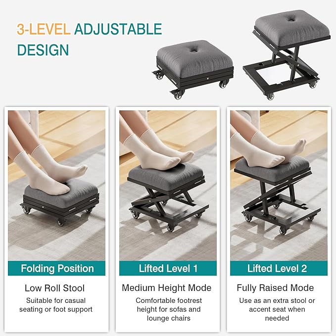 VECELO Foot Rest Under Desk at Work, Height Adjustable Rolling Foot Stool Set of 2 with Wheels, Cushioned Seat for Living Room, Bedroom, Home Office
