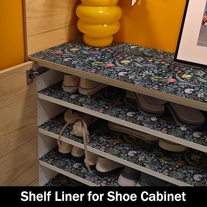 Shelf Drawer Liners, Non Adhesive and Strong Non-Slip Floral Colorful Cabinet Drawer Shelf Liners for Kitchen Wire Fridge, Waterproof Cabinet Liner,Easy to Clean,Black,12IN x 10FT
