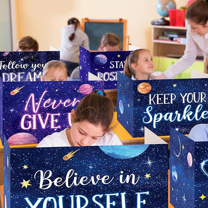 Affrolling 24 Pcs Inspirational Privacy Folders Bulk for Students Cardboard Privacy Boards Desk Divider Panel Waterproof Testing Divider for Classroom Back to School Study Supplies (Space)