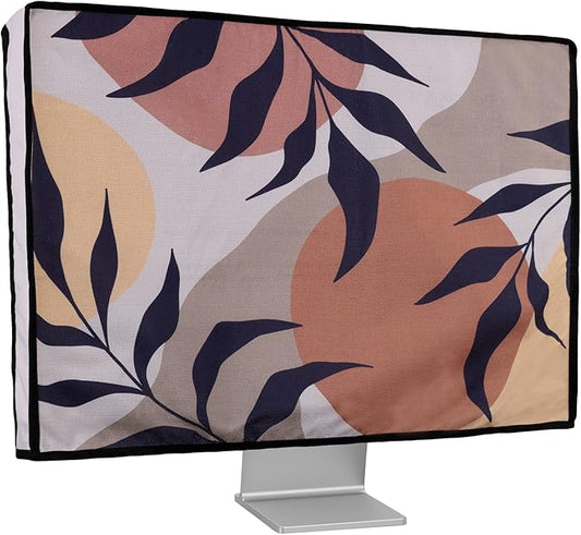 kwmobile Dust Cover for 24-26" Monitor - Linen Monitor Protector with Design - Leaves and Pattern Black/Brown/White