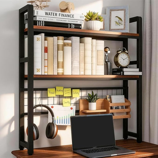 2 Tier Desktop Hutch Bookshelf, 39" Metal Dorm Desk Hutch with Grid Panel, Display Desk Shelf Bookcase Storage Organizer Rack for Dorm Home Office