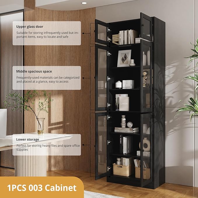 VOWNER 85.5“ H Bookcase with Doors, Wooden Bookshelves and Bookcases for Home Office, Pantry Cabinet with Doors and Shelves, 7-Tier Laundry Room Cabinets, Storage Cabinets for Dining Room (Black)