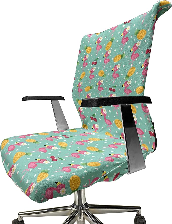 Ambesonne Cartoon Office Chair Cover, Exotic Flamingos Pineapple and Cherry Branches on Stars Backdrop Print, Stretchable Decorative Universal Size High Back Printed Slipcover, Teal Pink