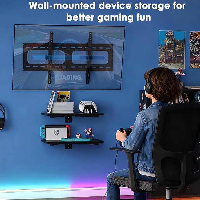 3-in-1 TV Wall Mount & Floating Shelves Kit, Fits 37–75" TVs, Wall-Mount TV Bracket with 2 Wooden Shelves, Max VESA 600×400 mm, for Living Room, Game Room, Bedroom