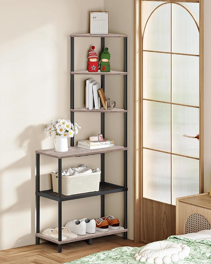 CHOEZON 6-Tier Corner Shelf, Industrial Corner Bookshelf with Desk Top, Diamond-Shaped Storage Shelves, Display Stand for Small Spaces, Living Room, Home Office, Foyer, Greige and Black TCJ70BG