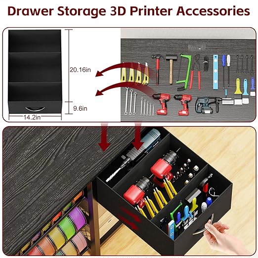 3D Printer Stand with Filament Storage Rack, Black 3D Printer Table with Power Outlet, 3-Tier Filament Holder with Drawer, 3D Printer Filament Stand Organized for Office Workshop Studio