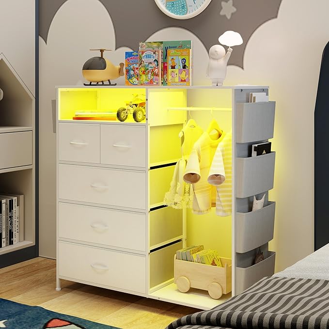 Espelism Dresser for Bedroom with Clothes Rack Side Pockets White 5 Drawers with Charging Station LED Lights Sturdy Steel Frame Wood Top Organizer Unit for Nursery Hallway Closet