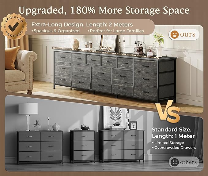 Huuger 77.6" Long Dresser for Bedroom, 16 Drawer Fabric Dresser for Closet, Wide Chest of Drawers with Storage, TV Stand for 65, 75, 85 Inch TV, 77.6" W x 12.9" D x 26.7" H, Charcoal Black