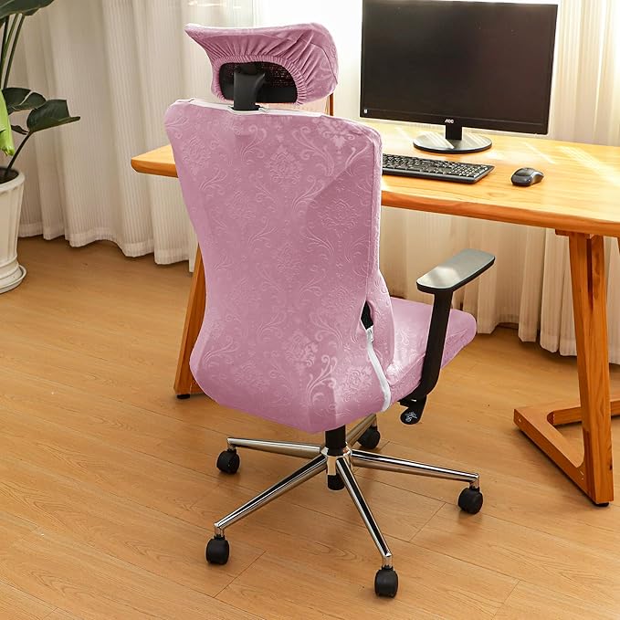Pink Ergonomic Office Chair Cover with Headrest Cover Velvet Embossing Stretch Office Chair Cover with Headrest Set Washable-Velvet Embossing Pink