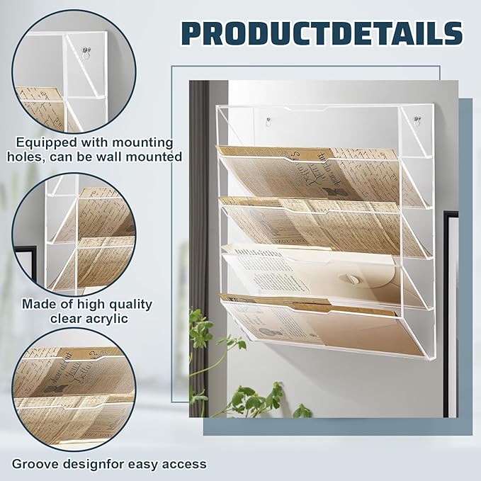 Chunful 5 Tier Mail Sorter Letter Wall Holder Clear Acrylic Wall Mounted Mail Organizer Hanging File Envelope Pocket Plastic Mount Document Holder for Home Office Entryway