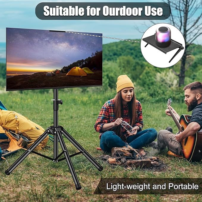 Portable TV Tripod Stand with Adjustable Angle Outdoor TV Stand with Top Shelf, Universal TVs Tripod for 30-55 in LCD LED Flat Screen TVs Display Floor Stand with No Drilling Needed