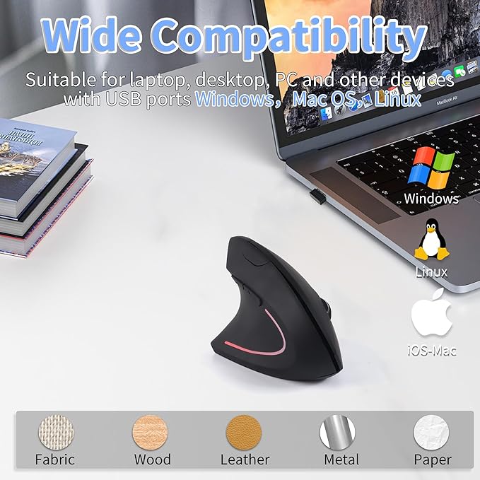 Ergonomic Mouse Wireless Left Handed Vertical Mouse with LED Light USB Receiver 6 Buttons Portable 2.4GHz Optical USB Wireless Mice for PC Laptop Desktop Computer Notebook Mac Adults Gifts, Black