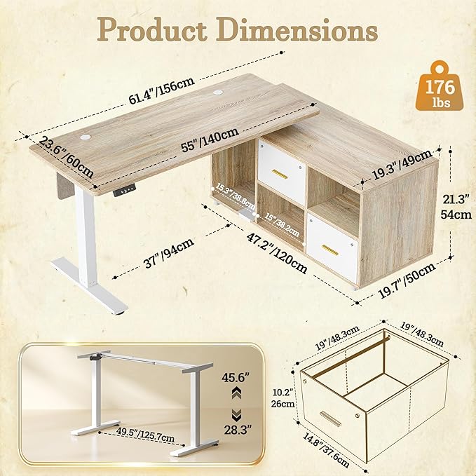 TIQLAB L Shaped Standing Desk with Privacy Protection Panel, 61.4" x 47.2" Height Adjustable Corner Executive Desk with Drawers and Shelves, Standing Computer Desks for Home Office, Maple