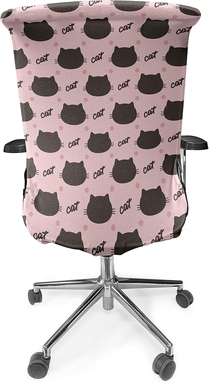 Ambesonne Cat Office Chair Cover, Kitted Head Silhouettes Hand Writing and Dots Design Abstract on Blushy Tone Back, Stretchable Decorative Universal Size High Back Printed Slipcover, Seal Brown Coral