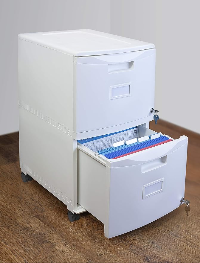 Storex Plastic Two-Drawer Mobile Pedestal File Cabinet – Locking Document Organizer with Casters for Home and Office, White, 1-Pack (61316A01C)
