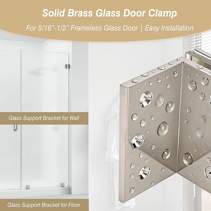 Glass Clamp, Heavy Duty Solid Brass Shower Clip for 5/16" to 1/2" (8-12mm) Glass, Wall or Floor Installation, Brushed Nickel