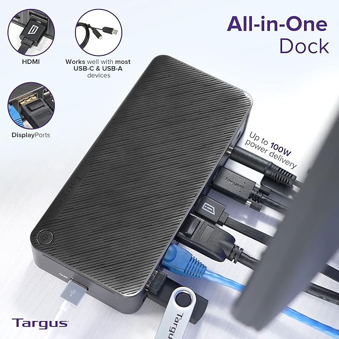 Targus USB C Docking Station Universal DV4K, USB C Laptop Docking Station Dual Monitor 2 HDMI, with Legacy Host Power Kit, Works w/Operating Systems Like Windows, Mac, Android, iOS (DOCK192USZ)
