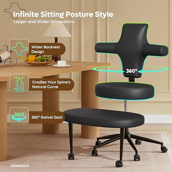 Pinmoco Ergonomic Cross Legged Office Chair Extra Wide for ADHD and Meditation, Kneeling Chair with 360° Swivel Wheels and Reversible Seating, Adjustable Height and Seat Deapth, PU Leather, Black
