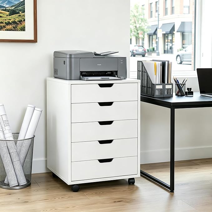 SUPER DEAL 5 Drawer File Cabinet for Home Office, Wood Under Desk Filing Cabinet Mobile Printer Stand Rolling Storage Organizer with Lockable Casters for Apartment Small Spaces, White