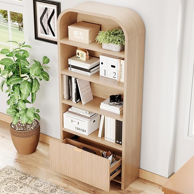 LEVNARY Arched Bookcase with Drawer, 70" Tall 5-Tier Bookshelf with Fluted Carved Drawer, Freestanding Display Storage Cabinet for Living Room Bedroom Home Office (Natural)