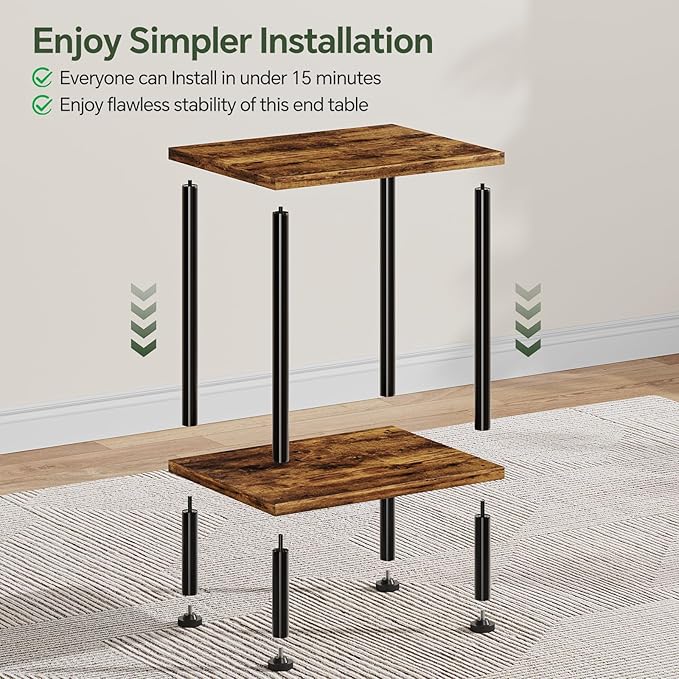 Simple Trending Side Table, Small End Table Living Room, Nightstand with 2 Tier Storage Shelves, Rustic Brown