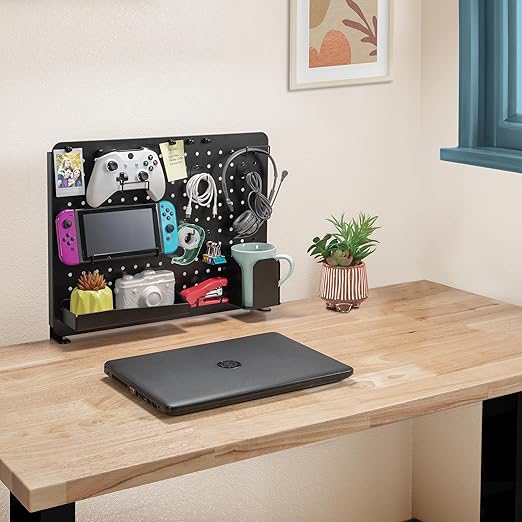 ENHANCE Metal Pegboard Desk Organizer (18 x 14 in) Clamp On Desk Peg Board with 14 Attachments, Pegboard Shelf and Pegboard Hooks, Desktop Organizer for Home Office, Crafts, or Gaming Setups