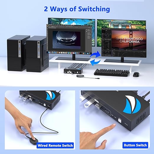 DisplayPort KVM Switch 2 Monitors 2 Computers, 4K@60Hz KVM Switches Dual Monitor with 4 USB3.0 Port Sharing Keyboard Mouse Printer, Computer Switch Monitor Switch for 2 Computers, DisplayPort Switch