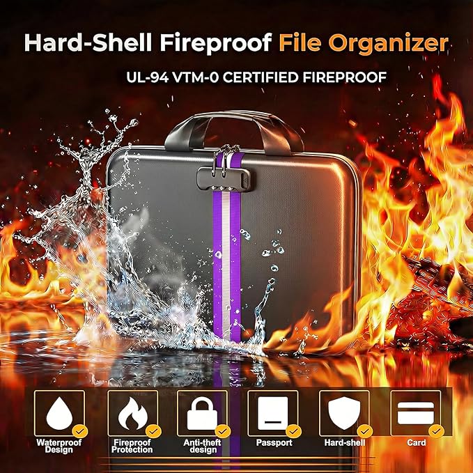 Fireproof Document Organizer with Lock, Rigid EVA File Box with 13-Pocket Accordion Folder for Important Documents & Tablets under 11", Lightweight Safe Storage for Home, Office & Travel (Small Size)