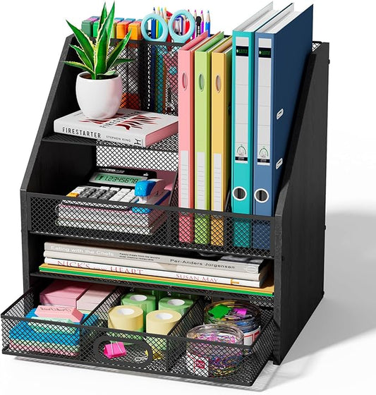 Homsorout Wooden Desk Organizer - Mesh File Organizer with Drawers and Pen Holder - 4-Tier Vertical Paper Letter Storage Tray, Desktop Organizers and Accessories for Home Office (Black