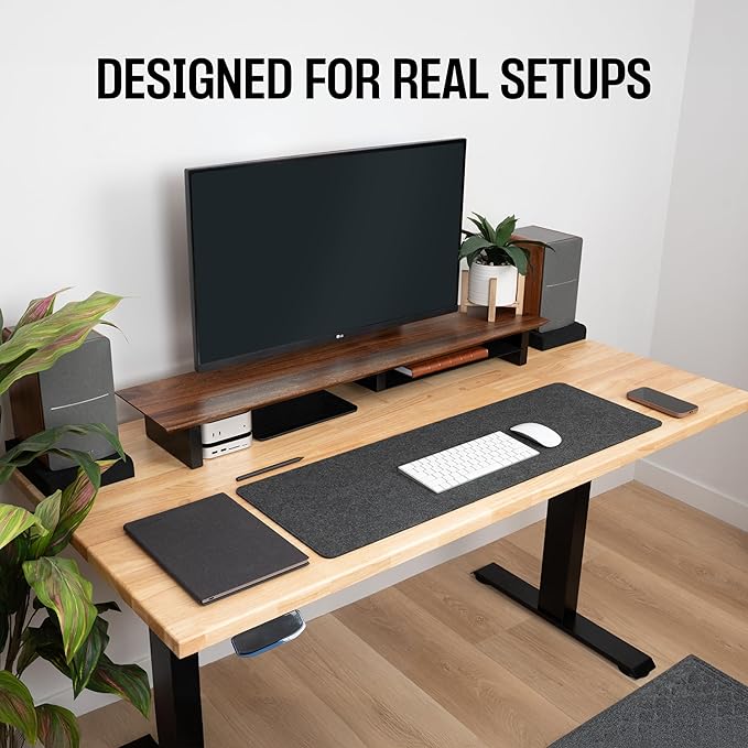 COREMINDED Solid Wood Dual Monitor Stand Riser – 43" Walnut Desk Shelf for 2 Monitors with Tray & Wool Felt, Organizer for Desktop, Laptop and Office (Walnut)