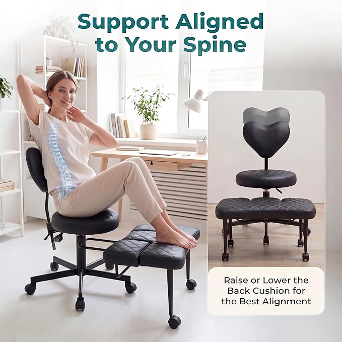 Ergonomic Cross Legged Office Chair with Foot Rest for Kneeling Seating - Crisscross Desk Chair with Wheels for ADHD to Sit Cross Legged - Multi-Position Adjustable Seat with Back Support for Women