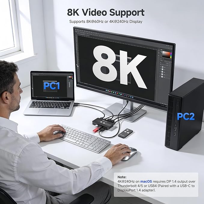 Cable Matters USB 3.0 KVM Switch DisplayPort 1.4 for 2 Computers with 8K@60Hz / 4K@240Hz Display Port Video & 3X 5Gbps USB Ports, FreeSync, G-SYNC and HDR Support - RF Remote Control Switch