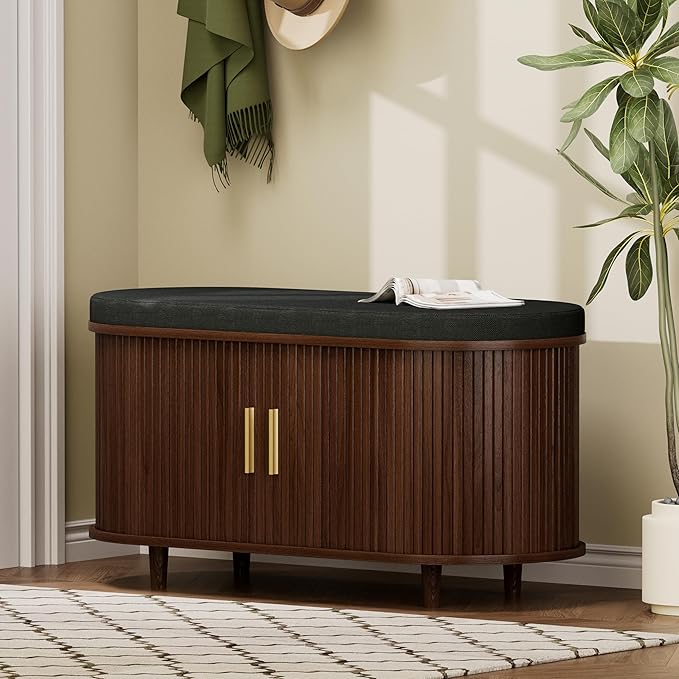 DHH 2-Tier Storage Bench,Wide Shoe Bench with Thickened Padded Seat Cushion, Mid Century Modern Fluted Sliding Door and Adjustable Shelf, for Entryway, Living Room, Bedroom (Walnut, 35.4“)