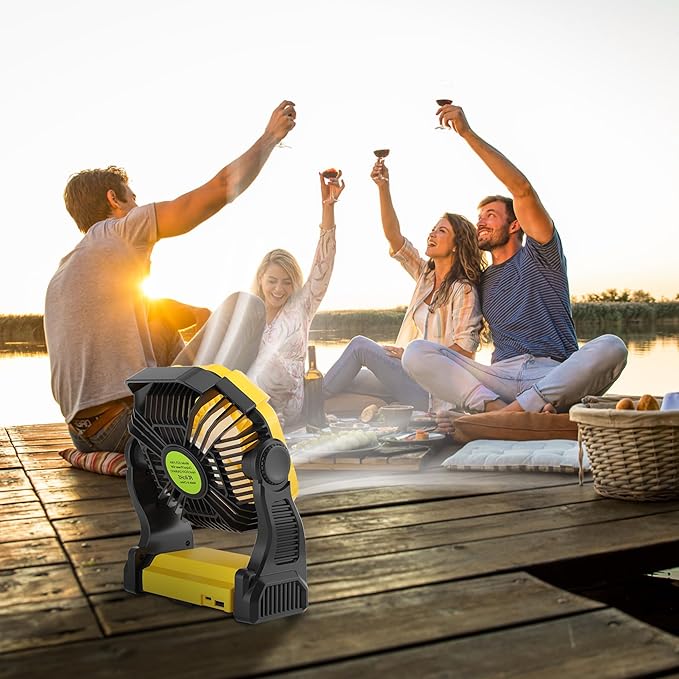 TDLOL Portable Camping Fan Cordless Battery Powered，270° Rotating Portable Battery Operated Rechargeable Fans, 360° Hanging Hook, USB Personal Outdoor Camping Fans for Tents,Travel X23 Yellow