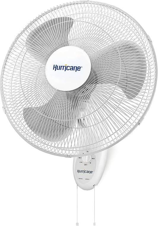 Hurricane 18" Supreme 90-Degree Oscillating Wall Mounted Fan with 3 Quiet Speeds, White - Indoor Air Cooling Unit with Adjustable Tilt and Pull Cords for Bedroom, Garage, Office, and Home