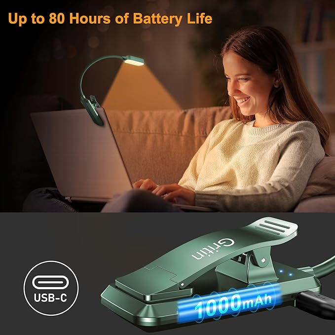 Gritin 16 LED Rechargeable Book Light for Reading in Bed- Eye Caring 3 Color Temperatures, Stepless Dimming Brightness, 80 Hrs Runtime, Lightweight Flexible Clip on Light for Book Lovers-Green
