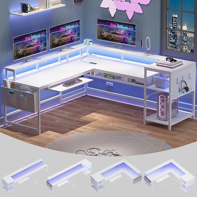 SEDETA L Shaped Gaming Desk, Reversible Computer Desk, Gaming Desk with Power Outlets & LED Strip, Monitor Shelf, Keyboard Tray, Pegboard and Storage Shelves for Home Office, White