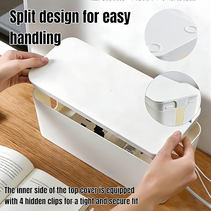 1Large+1Small Cable Organizer Set with 4 Silicone Cable Ties, 2-Piece Cable Management Box, Acrylic Lid Cord Organizer for Home Office,Set of Two Cable Box,Cable Organizer Box(Acryliclid/White)