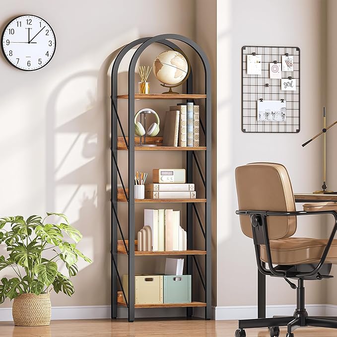HOOBRO Bookshelf, 5-Tier Arched Bookshelf, Industrial Bookcase with Metal Frame, Tall Book Shelf Storage Organizer for Living Room, Office, Bedroom, Rustic Brown and Black BF425SJ01